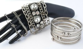 6 Pc Silvertone Bracelet Lot Statement Boho Bangles, Multichain, zipper style - £11.66 GBP