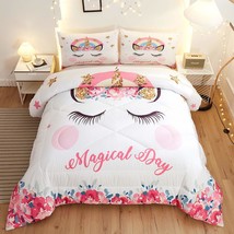 Cute Flower Unicorn Kids Bedding White Pink Golden Ears Unicorn 3 Pieces... - $45.99