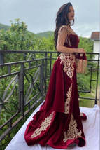 Wine Red Evening Dresses Long Gold Floral Appliques Velvet Split Formal Dress - £181.47 GBP