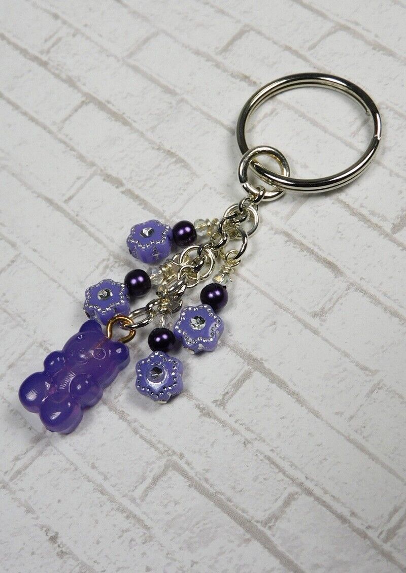 Gummy Bear Crystal Glass Pearl Beaded Handmade Keychain Split Key Ring P... - £11.11 GBP