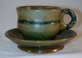 1938 Green Blue with Brown Mottling Glazed Redware Cup Saucer By Isaac S... - $297.77