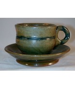 1938 Green Blue with Brown Mottling Glazed Redware Cup Saucer By Isaac S... - £233.19 GBP