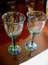 * 2 Hand Blown Glass Multi Colored Pebble Base Stemmed Wine Goblets Home... - $23.52