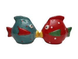 Salt &amp; Pepper Kissing Fish Shaker Set Ceramic With Magnetic Mouth Blue Red - £10.42 GBP
