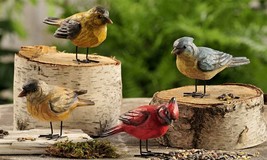Bird Figurines Set of 4 Poly Stone 4.7" Long Wood Carved Look Blue Jay Cardinal image 1