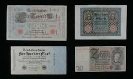 1910-1929 Germany 4-Notes Set German Empire 1000 &amp; Weimar 20, 100 &amp; 500 Mark - £39.69 GBP