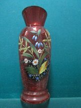 MOSER STYLE CZECH RED CRACKLE GLASS HAND PAINTED VASE FIN GLASS - £97.55 GBP
