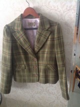 NWOT Juicy Couture Houndstooth Brown &amp; Green Plaid Wool Blend Blazer SZ M - £55.79 GBP