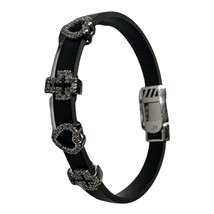 Sterling Silver  Blk. Band 6.5&quot; Bracelet with 4 Sliding Austrian Crystal Hearts - £35.89 GBP
