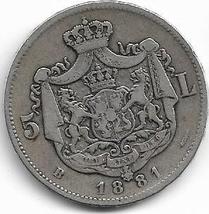 Romania King CAROL I, (one) Large OLD  Silver 5 Lei Coin 1881, for Collectors - £393.55 GBP