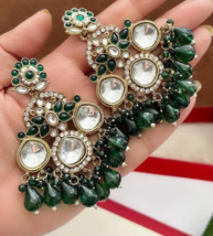 Bollywood Style Gold Plated Indian Fashion Kundan Earrings Green CZ Jewe... - £22.40 GBP