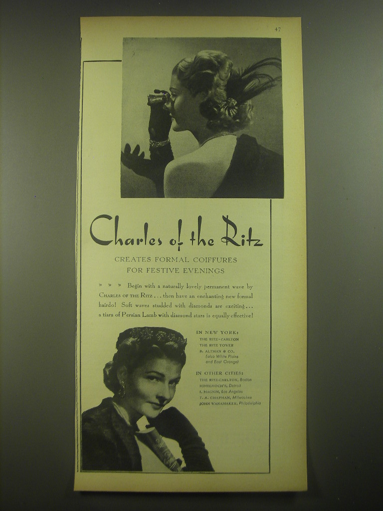 1945 Charles of the Ritz Permanent Wave Ad - Creates formal Coiffures - $18.49