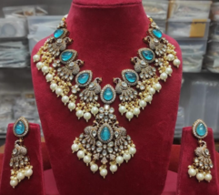 Bollywood Stil Indisch Blau Vergoldet Cz Kundan Halskette Ohrringe Schmuck Set - £185.83 GBP