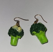 Broccoli Earrings Gold Tone Wire Charms Green Vegetable Buttered - $8.50