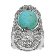 Silver Turquoise &amp; White Topaz Filigree Shield Ring Size 6 - £50.47 GBP