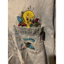 22/24 VTG Warner Bros Tweety Bird Button Down Denim Short Sleeve looney ... - £15.18 GBP