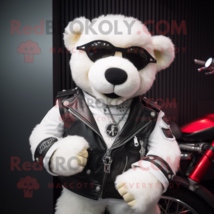 White Teddy Bear mascot costume character dressed with a Biker Jacket and Keycha - $1,299.00