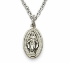 Sterling Silver Oval Miraculous Mary Polished Border Medal Necklace &amp; Chain - £47.95 GBP