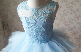 A-Line/Princess Knee-length Flower Girl Dres Blue Tulle/Lace Flowers Puffy 4-16 image 5