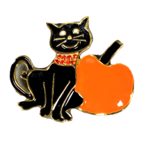 Black Cat Pumpkin Enamel Brooch Pin Halloween Jack O Lantern Rhinestones - $15.00