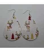 Reindeer Christmas Earrings Teardrop Hook Faux Leather White Tan Red OPT... - £5.55 GBP