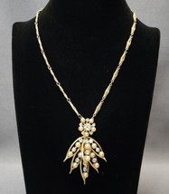 Vintage Gold-tone Faux Pearl &amp; Rhinestone MCM Choker Floral Pendant Necklace 15&quot; - £31.58 GBP