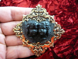 (CL49-3) Twin two Cherubs angels black CAMEO scrolled diamond brass Pin Pendant - £28.39 GBP