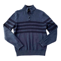 Tahari Sweater Men Sz L Blue 100% Cotton 1/4 Zip Ribbed Mock Neck Striped L/S - £14.93 GBP