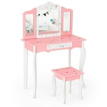 Kids Princess Vanity Table and Stool Set with Tri-folding Mirror and Drawer-Pin - £141.34 GBP