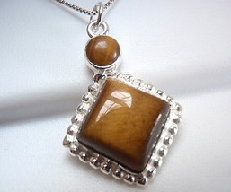 Tiger Eye Necklace 925 Sterling w/ Silver Dot Perimeter Accents Square Round - $18.89