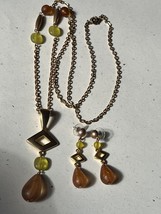 Demi Goldtone Chain w Frosted Brown &amp; Green Beads &amp; Long Geometric Penda... - £14.53 GBP