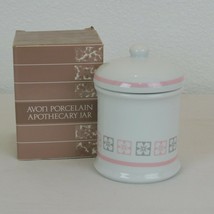 Avon Porcelain Apothecary Jar 6&quot; Milk White &amp; Pink Vintage 1987 w/Lid Orig Box - £7.67 GBP
