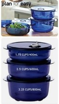 Tupperware Vent N Serve Microwave 3 pc Bowls Set Rounds Navy Blue Seals New - $48.99