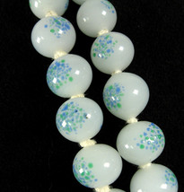 Green Blue Dots Milk White Glass Bead Necklace Double Strand Beaded Japan 23-26&quot; - £24.52 GBP