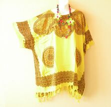 KB463 Yellow Batik V Neck Plus Kimono Poncho Hippy Women Blouse Top up t... - $24.90