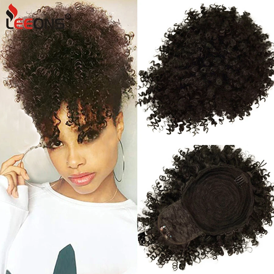 Leeons New Synthetic Afro Kinky Curly Hair Bangs Puff Hair Bun Drawstri - £12.57 GBP+