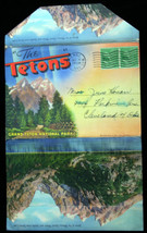 vntg color litho linen POST CARD accordion-fold THE TETONS posted 1943 Cheyenne - £4.15 GBP