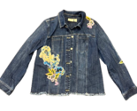 Chico&#39;s Womens Blue Long Sleeve Floral Embroidered Embellished Denim Jac... - $21.75