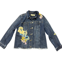 Chico&#39;s Womens Blue Long Sleeve Floral Embroidered Embellished Denim Jacket Sz 2 - £17.34 GBP