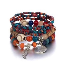 Women Bohemian Stackable Wood Beads Multilayer Tassel Charm Stretch Bracelet set - £3.93 GBP