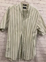 Haggar Men&#39;s Western Shirt Button Up Med Green casual Striped Cotton - £8.83 GBP