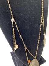Bronze Tone Chain Necklace With Leaf Pendant Floating Beads Gold Accent Leaves - £6.49 GBP