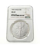 1992 $1 Argento American Eagle Valutato Da NGC Come MS-69! Data Precoce! - $233.22