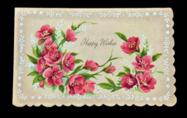 1950s BEST WISHES Card Pink Flowers Scalloped Edges Vintage Ephemera Unused - $4.88