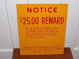 Vintage Notice $25.00 Reward Farm Bureau Glenmont, NY Metal Sign - €103,94 EUR