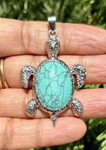 Oxidized Silver Hindu Religious TURTLE TORTOISE Pendant Locket, Turquoise - $14.69
