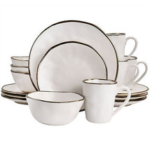Elama Modern 16 pc Stoneware Dinnerware Set in Matte White w Gold Rim - £68.39 GBP