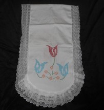 Vintage Dresser Scarf Table Runner Embroidery Cross Stitch Red Blue Rose Flowers - £11.35 GBP