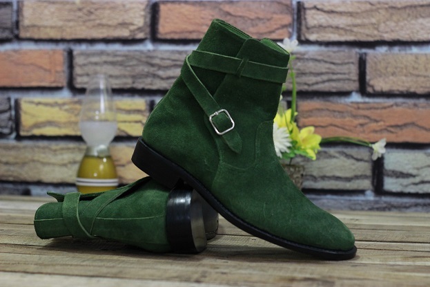 Men's Handmade Leather Shoes Green Suede Leather Buckle Stylish Jodhpurs Dress