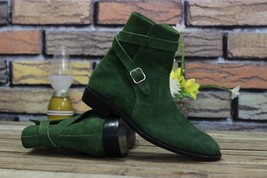 Men&#39;s Handmade Leather Shoes Green Suede Leather Buckle Stylish Jodhpurs Dress  - $152.99